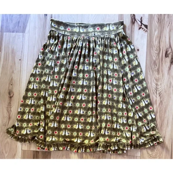EUC Orla Kiely Colorful Birds Peacock Chicken Olive Green 100% Silk Twill Skirt﻿